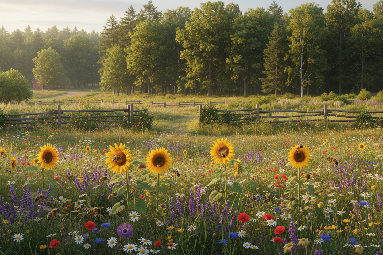 bees in a farm with forest background and flowers